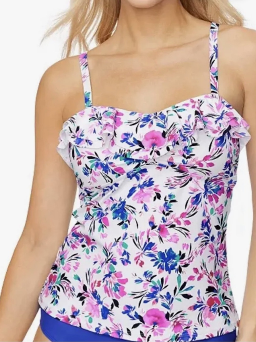 New! Island Escape Floral Ruffle Tankini Top - Pink & Blue Floral, Size 14